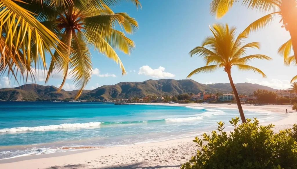 A vibrant and sun-drenched seaside scene of Isla Margarita, Venezuela. In the foreground, a pristine white sand beach with crystal-clear turquoise waters lapping at the shore. In the middle ground, swaying palm trees and lush tropical foliage frame the view. The background features rolling hills dotted with colorful stucco buildings and the distant silhouette of the island's mountainous interior. The scene is bathed in warm, golden sunlight, creating a serene and inviting atmosphere perfect for a relaxing island getaway. The overall composition captures the essence of Isla Margarita as an idyllic Caribbean destination, ready to welcome travelers with its natural beauty and vibrant local culture.