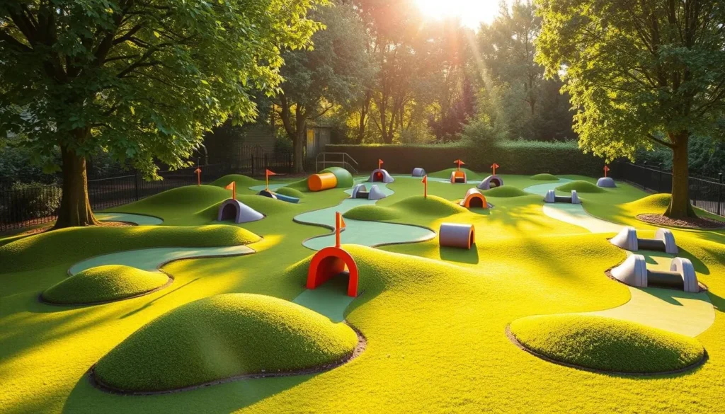 A vibrant and whimsical mini golf course nestled in the heart of the picturesque London Borough of Waltham Forest. The scene depicts a well-manicured green dotted with colorful obstacles and obstacles, inviting players of all ages to navigate the course with a sense of playful adventure. Sunlight filters through lush trees, casting a warm, golden glow across the undulating terrain. Carefully placed hills, ramps, and tunnels create a visually engaging layout that challenges the player's putting skills. The overall atmosphere exudes a charming, family-friendly vibe, perfectly capturing the unique experiences that await visitors to this delightful corner of London.