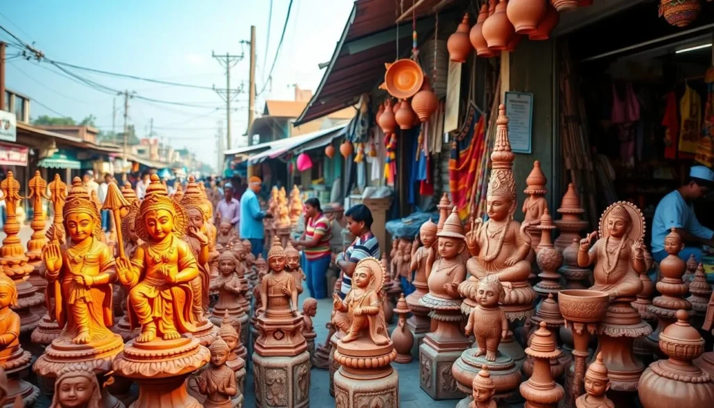 A vibrant array of terracotta figurines and sculptures adorn the bustling streets of Baranagar, West Bengal. In the foreground, intricate, hand-crafted statues of deities and mythological characters stand proudly, their warm hues casting a soft, golden glow under the mid-day sun. In the middle ground, local artisans deftly shape and mold the clay, imbuing each piece with unique character and charm. The background reveals a lively scene, with colorful stalls and workshops, where the rich tradition of terracotta art thrives, drawing in art enthusiasts from near and far. The overall atmosphere is one of vibrant creativity, showcasing the skilled craftsmanship and cultural heritage of this enchanting region.