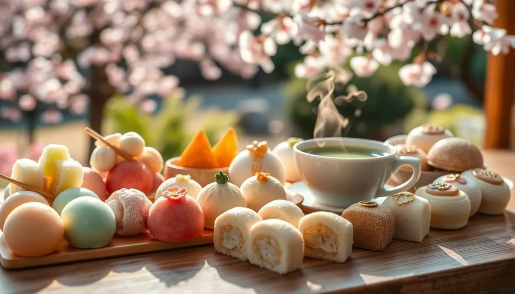 A vibrant assortment of traditional Japanese desserts and sweets displayed on a wooden table, bathed in warm, natural lighting. In the foreground, delicate mochi in pastel hues, carefully arranged alongside colorful dango skewers and fluffy castella cakes. In the middle ground, a steaming cup of matcha tea emits fragrant steam, accompanied by a selection of wagashi confections adorned with intricate patterns and gold leaf accents. The background features a serene Japanese garden with cherry blossom trees, their petals gently drifting in the breeze, creating a tranquil and inviting atmosphere.