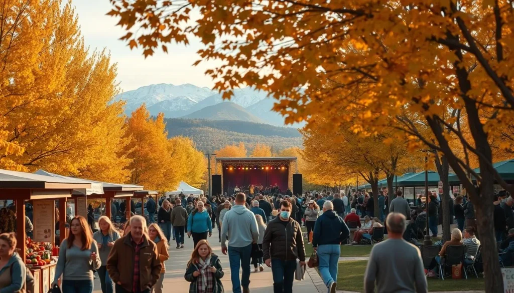 A vibrant autumn day in Centennial, Colorado, where the trees burst with golden hues and a gentle breeze rustles the leaves. In the foreground, families stroll through a bustling seasonal market, browsing local crafts and sampling warm cider. In the middle ground, a community concert features live music and dancing, with people gathered on blankets and lawn chairs. In the background, the Rocky Mountain foothills provide a scenic backdrop, their peaks dusted with the season's first snowfall. Soft, warm lighting casts a cozy glow over the scene, capturing the essence of Centennial's cherished seasonal celebrations.