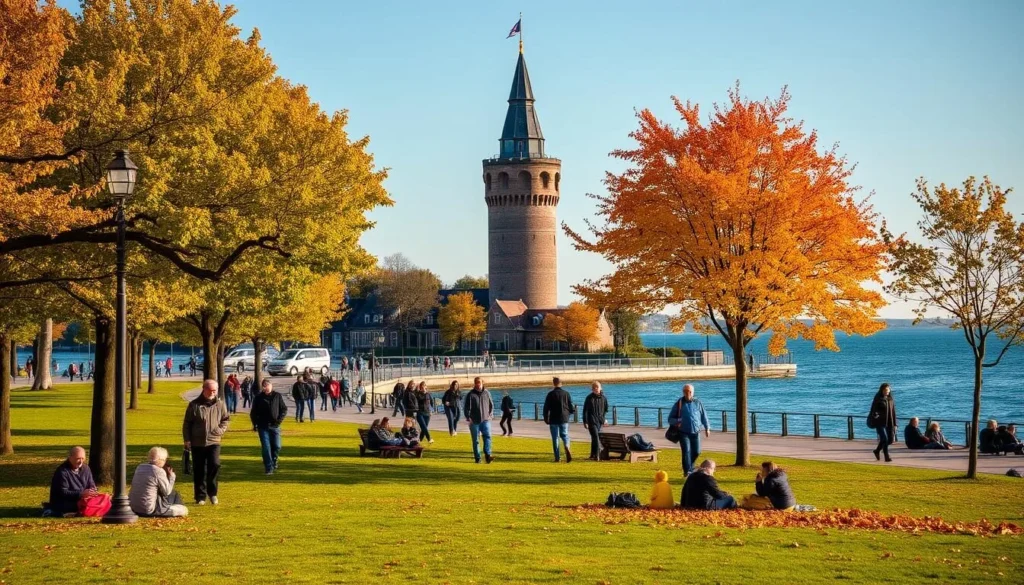 A vibrant autumn day in Helsingborg, Sweden. In the foreground, people stroll along the Sundspromenaden, a scenic coastal promenade lined with colorful trees. Families picnic on the grassy banks, children play among the fallen leaves. In the middle ground, the iconic Kärnan tower stands tall, its medieval architecture bathed in warm, golden light. In the background, the serene Öresund strait sparkles, with the distant coast of Denmark visible on the horizon. The scene exudes a cozy, nostalgic atmosphere, capturing the essence of seasonal activities in this picturesque Scandinavian city.