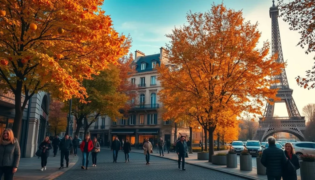 A vibrant autumn scene in Paris, France. The foreground features a cobblestone street lined with chestnut trees, their leaves ablaze in shades of gold and crimson. Pedestrians stroll by, bundled in cozy scarves and coats. In the middle ground, a picturesque Haussmannian building with warm-toned limestone facade stands proud, its windows glowing softly. The background showcases the iconic silhouette of the Eiffel Tower, shrouded in a gentle haze, as the sky transitions from azure to burnished orange. The overall atmosphere is one of serene tranquility, inviting the viewer to immerse themselves in the charming ambiance of a Parisian autumn.