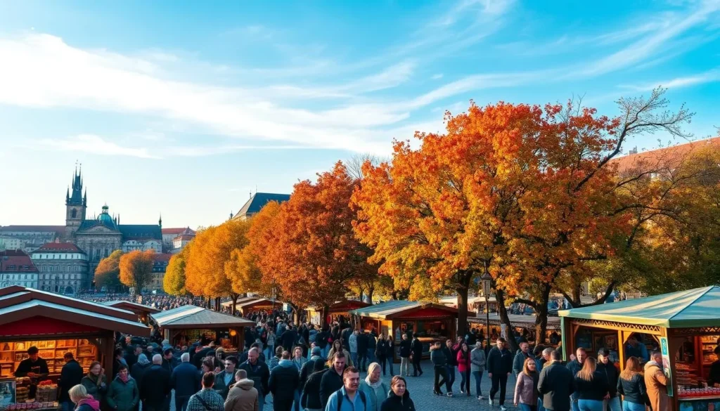 A vibrant autumn scene in Prague's historic city center. In the foreground, a lively street festival with colorful stalls selling local crafts, roasted chestnuts, and mulled wine. Crowds of locals and tourists stroll and mingle, taking in the festive atmosphere. The middle ground features the iconic spires and domes of Prague's old town, bathed in warm, golden light. In the background, a canopy of trees along the Vltava river, their leaves turning brilliant shades of red, orange, and yellow. The sky is clear and blue, with soft, wispy clouds drifting overhead. The overall mood is one of celebration, coziness, and the beauty of the fall season in this enchanting Czech city.