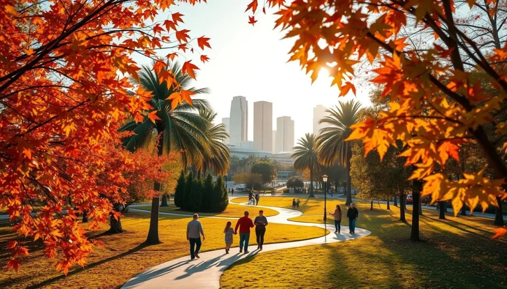 A vibrant autumn scene in Tampa, Florida. In the foreground, colorful leaves flutter gently in the breeze, casting warm hues across a tranquil park. Families stroll along winding paths, taking in the crisp, inviting atmosphere. In the middle ground, palm trees sway gracefully, a testament to the city's subtropical climate. The background reveals the city skyline, its modern architecture bathed in the soft, golden light of the setting sun. The overall mood is one of serene celebration, capturing the essence of a Tampa fall, where the changing seasons blend seamlessly with the region's unique natural beauty.