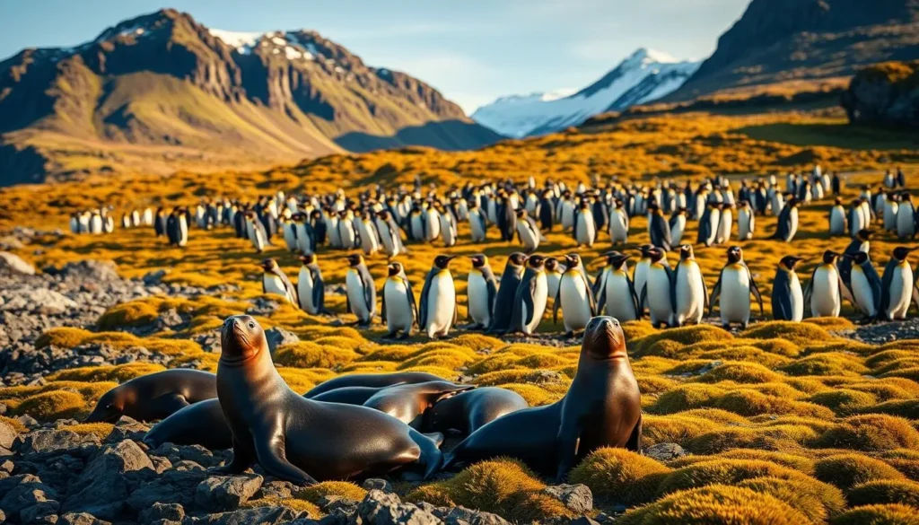 A vibrant autumn scene in the Falkland Islands, featuring a stunning array of wildlife. In the foreground, a group of curious sea lions basking on the rocky shore, their sleek bodies glistening in the warm afternoon light. In the middle ground, a flock of graceful king penguins waddle across the lush, mossy terrain, their distinctive black-and-white plumage contrasting beautifully with the golden hues of the landscape. In the background, rugged cliffs rise up, capped with a dusting of snow, creating a dramatic and picturesque backdrop. The overall mood is one of tranquility and natural harmony, perfectly capturing the essence of the Falkland Islands in the autumn transition.