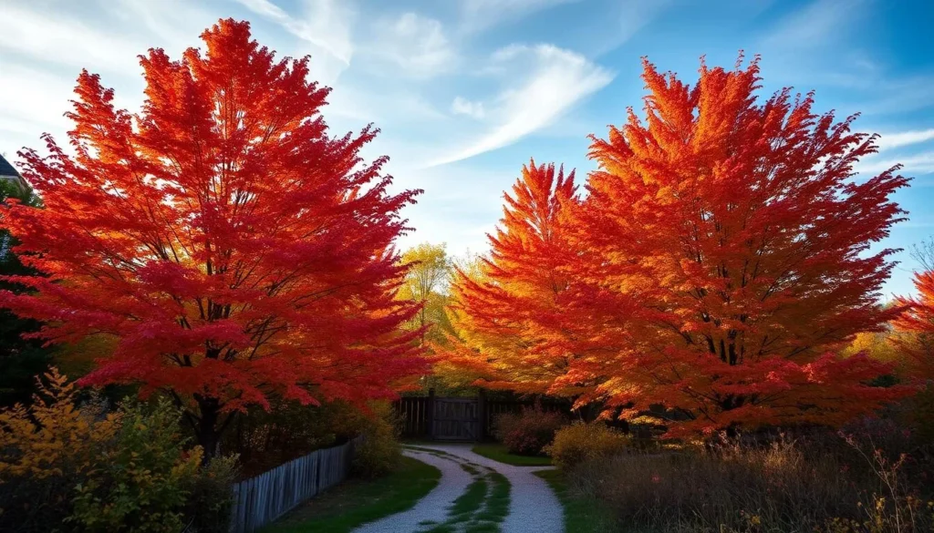 A vibrant autumnal landscape in Martha's Vineyard, Massachusetts. Towering maple trees ablaze with hues of red, orange, and yellow, their leaves gently swaying in the crisp, cool breeze. A winding path meanders through the lush foliage, leading the eye towards a charming, weathered wooden fence in the middle distance. Soft, diffused sunlight filters through the canopy, casting a warm, golden glow over the idyllic scene. The sky is a serene shade of blue, with wispy clouds drifting overhead. An inviting, peaceful atmosphere that captures the essence of fall on this picturesque island.