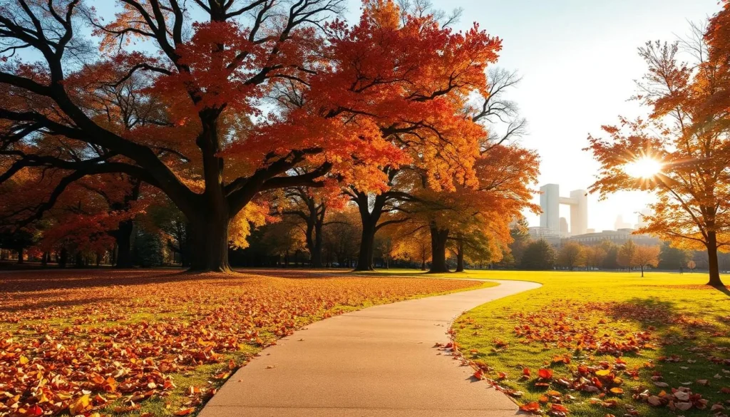 A vibrant autumnal scene in Kansas City, Missouri, showcasing the rich hues of fall foliage. In the foreground, a winding path meanders through a carpet of fallen leaves, warm sunlight casting a golden glow. Majestic oak and maple trees line the middle ground, their branches ablaze with shades of red, orange, and yellow. In the background, the city skyline stands tall, a serene contrast to the natural beauty of the season. A crisp, clear day with a hint of a cool breeze, capturing the essence of the perfect time to explore the city's outdoor splendor.