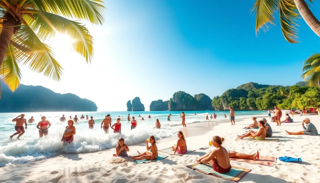 A vibrant beach scene in Krabi, Thailand during the hot season. The sun beams down brightly, casting a warm glow over the powdery sand and clear turquoise waters. Palm trees sway gently in the light breeze. In the foreground, people frolic in the waves, their laughter and joy palpable. The middle ground reveals sun-seekers lounging on beach towels, sipping refreshing beverages. In the distance, verdant limestone cliffs and lush tropical foliage create a picturesque backdrop, hinting at Krabi's stunning natural beauty. The overall atmosphere is one of relaxation, adventure, and the vibrant energy of the hot season.