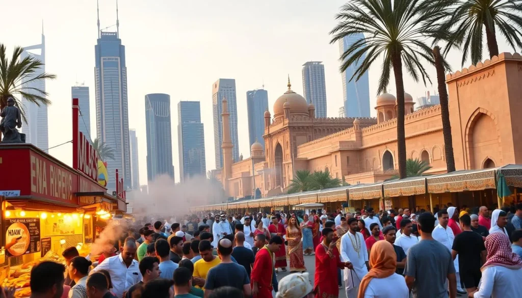 A vibrant, bustling scene of the UAE's festival culture. In the foreground, a lively crowd gathers around colorful food stalls, the air filled with the aroma of spices and sizzling kebabs. In the middle ground, dancers in traditional Emirati attire sway to the rhythm of live music, their ornate costumes shimmering in the warm, golden light. Beyond, towering skyscrapers and ancient architectural wonders create a stunning backdrop, reflecting the juxtaposition of modern and traditional elements that define the UAE's unique cultural heritage. The scene radiates an atmosphere of joy, celebration, and cultural diversity, inviting the viewer to immerse themselves in the rich tapestry of Emirati festivals.