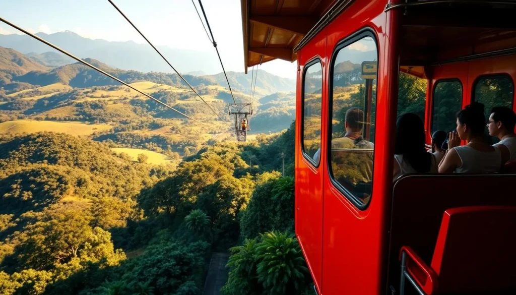 A vibrant cable car glides smoothly through the lush, verdant landscape of Jardin, Colombia. The car's bright red exterior gleams in the warm, golden sunlight, contrasting with the verdant foliage and rolling hills that surround it. Passengers gaze out from the car's large windows, taking in the breathtaking vistas of the Andes mountains in the distance. The scene is captured with a wide-angle lens, allowing the viewer to immerse themselves in the tranquil, serene atmosphere of the cable car ride. The overall mood is one of adventure, exploration, and a deep appreciation for the natural beauty of the region.