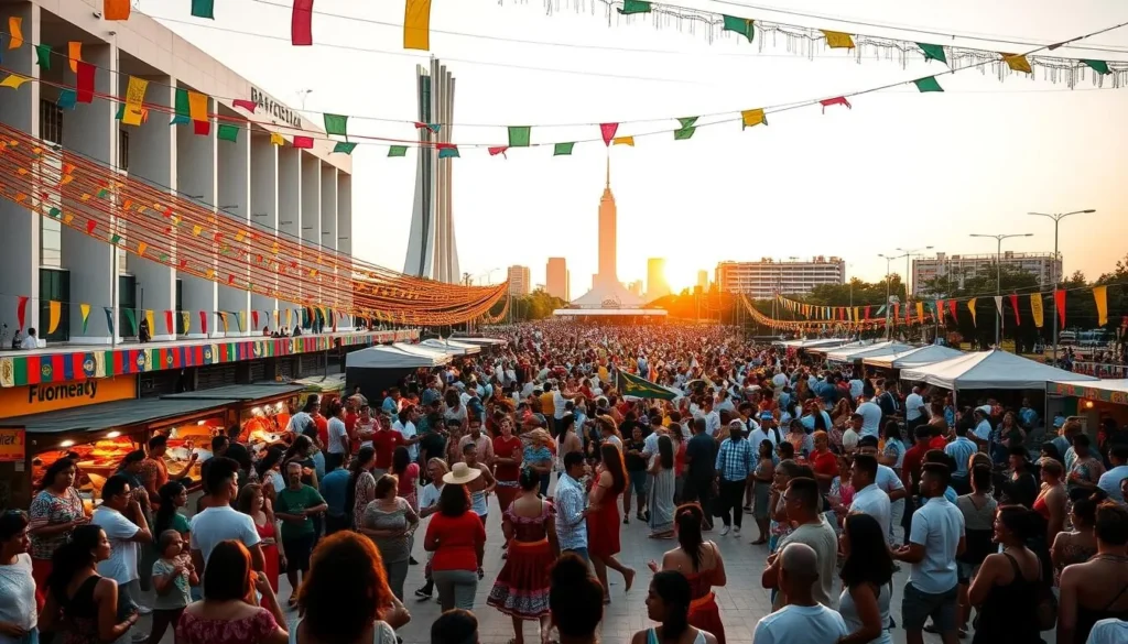 A vibrant celebration in the heart of Brasilia, Brazil. A bustling crowd gathers in the city's iconic modernist architecture, adorned with colorful banners and streamers. In the foreground, performers in traditional costumes dance to the rhythmic beats of live music, their movements energetic and joyful. The middle ground showcases food stalls and artisanal vendors, offering a vibrant array of local delicacies and handcrafted wares. In the background, the sleek, geometric buildings of Brasilia's skyline provide a striking contrast, bathed in warm, golden light. The atmosphere is one of festivity, community, and a deep appreciation for Brazilian culture and heritage.