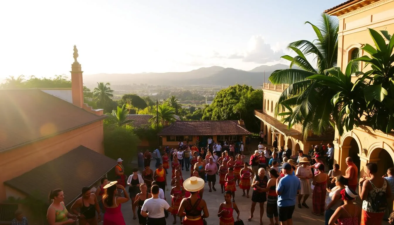 A vibrant celebration in the heart of French Guiana, showcasing the region's rich cultural tapestry. A bustling town square with colorfully dressed locals engaged in traditional dance and music, surrounded by colonial-era architecture bathed in warm, golden sunlight. In the background, lush tropical foliage and the distant silhouette of the Amazonian rainforest create a captivating atmosphere. The scene is filled with a sense of joy, community, and the unique heritage of this French overseas territory.