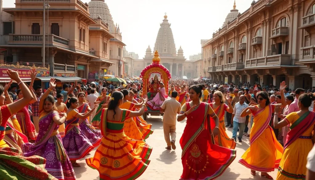 A vibrant celebration of Cuttack's cultural heritage unfolds in an energetic scene. In the foreground, a colorful procession of dancers adorned in traditional Odisha attire sway and twirl, their movements accentuated by the warm, golden sunlight. In the middle ground, ornately decorated chariots carrying deities are pulled by devotees, as the crowd gathers around in festive anticipation. The background showcases the architectural splendor of Cuttack, with its historic temples and grand, ornamental buildings framing the lively festivities. The atmosphere is one of joy, reverence, and a deep appreciation for the rich cultural tapestry of this vibrant city.