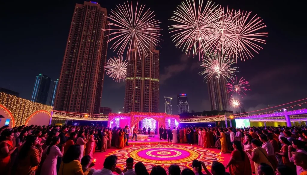 A vibrant celebration of Diwali in Dubai, the Festival of Lights. In the foreground, a lively crowd gathers around a stage adorned with colorful rangoli patterns and flickering oil lamps. Intricate saris and kurtas sway to the rhythmic beats of traditional music. In the middle ground, towering skyscrapers provide a modern backdrop, their facades aglow with cascading strings of twinkling lights. The sky is ablaze with bursts of vibrant fireworks, illuminating the night in a dazzling display. The scene exudes a warm, festive atmosphere, capturing the spirit of this joyous occasion.