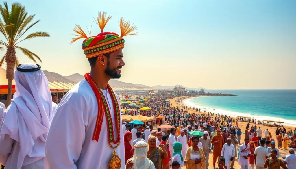 A vibrant celebration of Omani culture unfolds in the sun-drenched city of Salalah, where the Salalah Tourism Festival beckons. Set against the lush, rolling hills and the shimmering azure waters of the Arabian Sea, this grand event showcases the rich heritage and traditions of the region. Throngs of locals and visitors gather amidst colorful stalls offering an array of artisanal crafts, fragrant spices, and mouthwatering Omani delicacies. Lively music and dance performances captivate the audience, while the warm, gentle breeze carries the scent of frankincense, a cherished Omani treasure. The scene is a vibrant tapestry of sights, sounds, and flavors, inviting all to immerse themselves in the unique cultural tapestry of Oman.