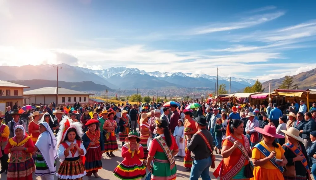 A vibrant celebration of Peruvian culture and traditions throughout the year. In the foreground, a lively parade with colorfully dressed dancers, musicians playing traditional instruments, and intricate costumes representing diverse regional festivals. The middle ground showcases a bustling marketplace, filled with vibrant textiles, handcrafted artisanal goods, and locals engaged in lively conversations. In the background, a picturesque Andean landscape with snow-capped peaks, lush greenery, and the warm glow of the sun casting a golden hue over the scene. The overall atmosphere is one of joy, community, and a deep respect for the rich cultural heritage of Peru.