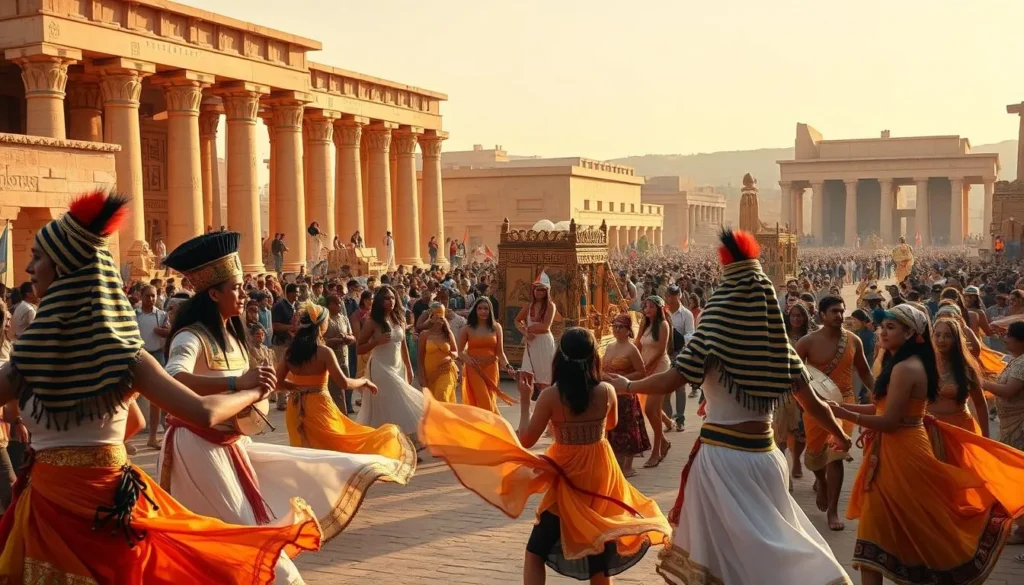 A vibrant celebration of ancient Egyptian spring festivals unfolds before us. In the foreground, costumed performers dance to the rhythm of traditional drums and lutes, their colorful garments swirling in the warm breeze. In the middle ground, crowds of revelers gather around ornately decorated floats and shrines, their faces alight with joy and reverence. The background is a tapestry of ancient temple facades, their towering columns and intricate hieroglyphics bathed in the golden glow of the afternoon sun. The scene exudes a sense of timeless cultural heritage and the joyous spirit of renewal that marks the arrival of spring in this ancient land.
