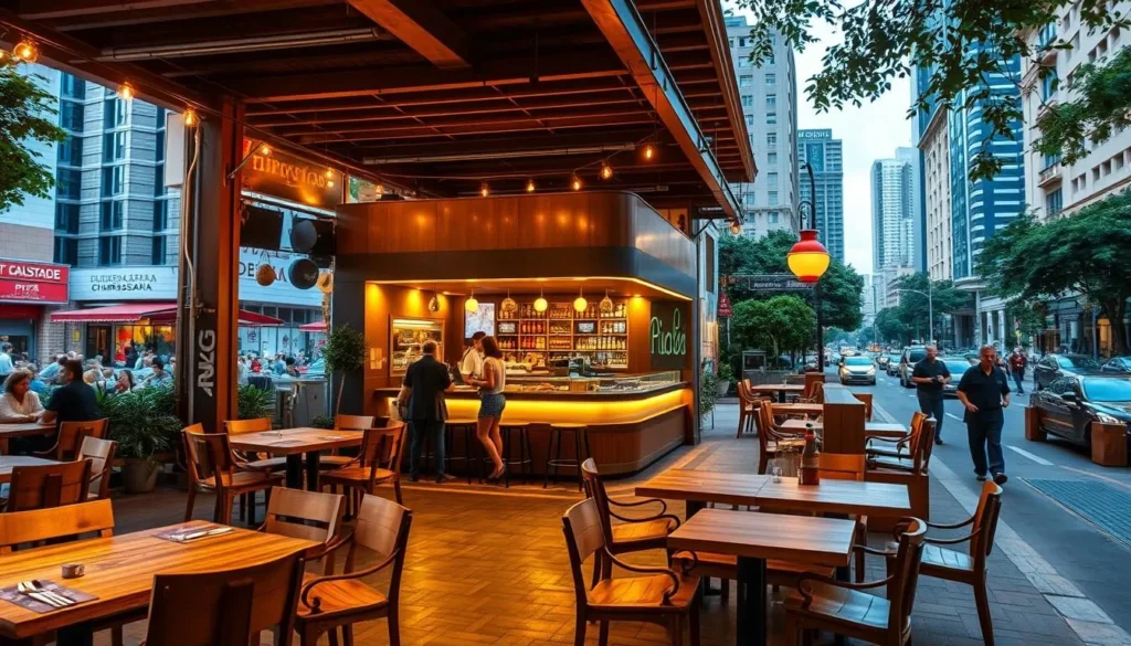 A vibrant churrascaria nestled amidst the bustling streets of Brasilia, Brazil. In the foreground, a lively outdoor dining area with rustic wooden tables and chairs, surrounded by the aroma of grilled meats. In the middle ground, a sleek, modern pizza counter offers an array of tempting options, beckoning passersby. The background showcases the city's iconic architecture, with towering buildings and lush greenery. Warm, golden lighting casts a cozy glow, creating an inviting atmosphere. The scene exudes a perfect balance of traditional Brazilian charm and contemporary culinary delights.