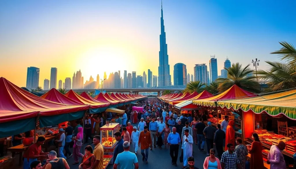 A vibrant city skyline of Dubai, with the iconic Burj Khalifa tower as the centerpiece. In the foreground, a bustling festival scene unfolds, with colorful tents, stalls, and food vendors lining the streets. People of all ages and cultures mingle, enjoying traditional music, dance performances, and the aroma of spices and local delicacies. The warm, golden light of the sun casts a festive glow, while the clear blue sky provides a serene backdrop. The atmosphere is one of joy, celebration, and cultural immersion, capturing the essence of Dubai's vibrant festival scene.