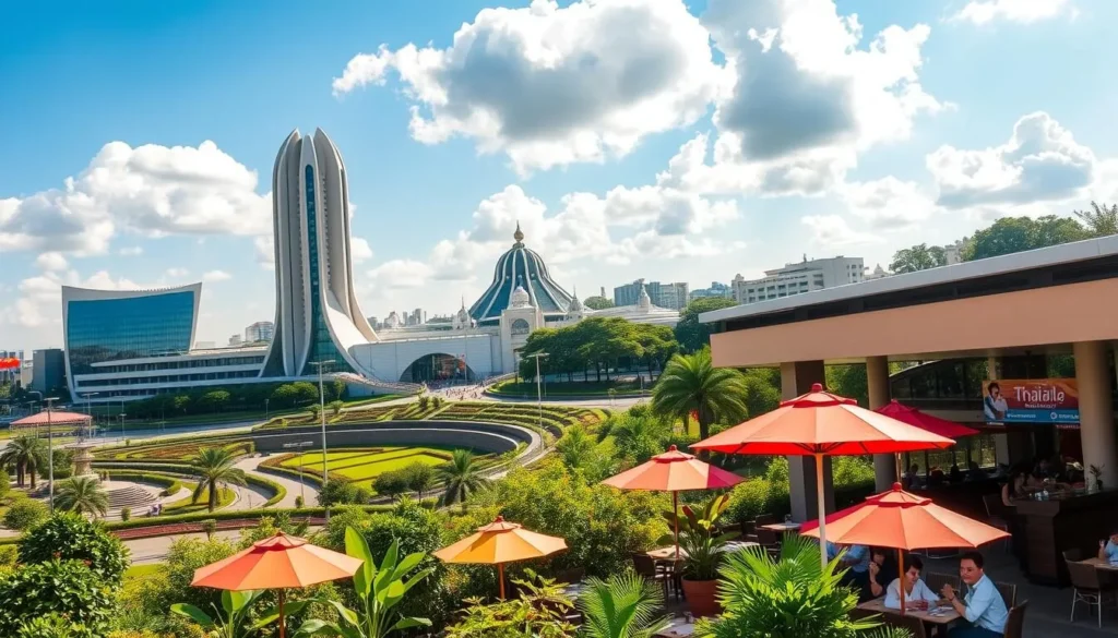 A vibrant cityscape in Brasilia, Brazil, showcasing the thriving Thai restaurant scene. In the foreground, an inviting outdoor dining area with colorful umbrellas and lush greenery, where patrons enjoy authentic Thai cuisine. The middle ground features the distinctive architecture of Brasilia, with sleek, modern buildings and manicured landscapes. In the background, a clear blue sky with fluffy white clouds, creating a warm and welcoming atmosphere. The scene is illuminated by natural light, casting soft shadows and highlighting the vibrant colors of the Thai dishes. The overall composition captures the fusion of Brasilian and Thai cultures, inviting the viewer to experience the flavorful culinary delights of this unique destination.