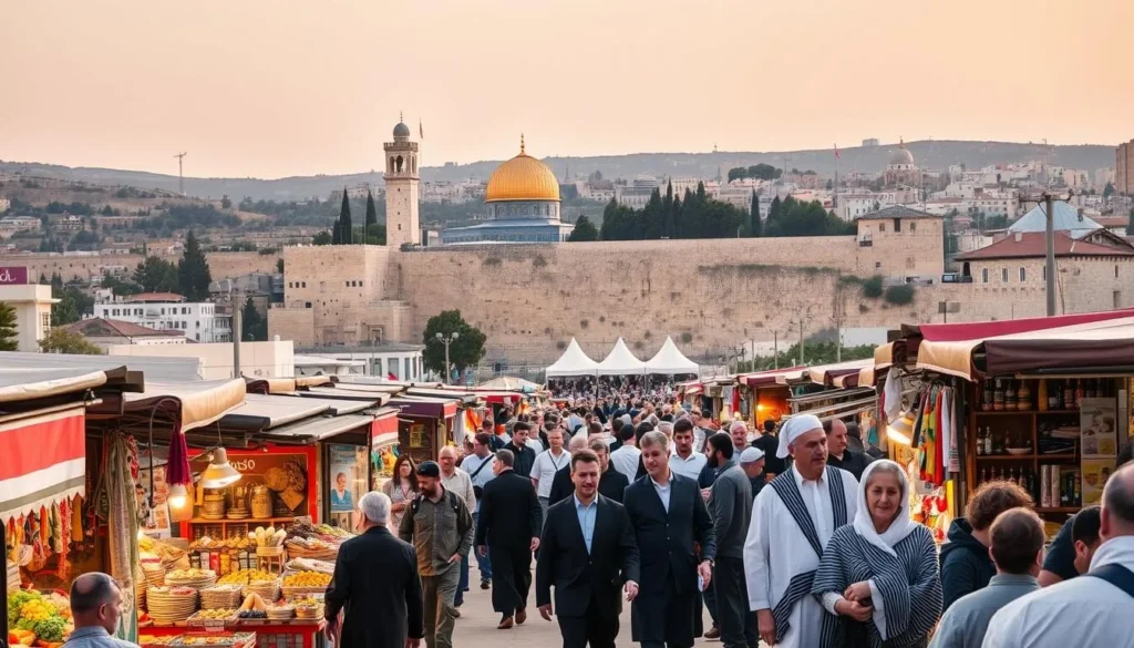 A vibrant cityscape in Jerusalem, Israel, during a Jewish holiday. In the foreground, a bustling street market filled with colorful stalls selling traditional foods, handicrafts, and Judaica. Worshippers in traditional garb stroll through the lively atmosphere, their faces illuminated by the warm, golden light of the sun. In the middle ground, the iconic silhouette of the Dome of the Rock and the Western Wall stand tall, a testament to the rich cultural heritage. The background features the rolling hills and historic architecture of the city, bathed in a soft, diffused glow. The overall scene conveys a sense of celebration, community, and spiritual connection.