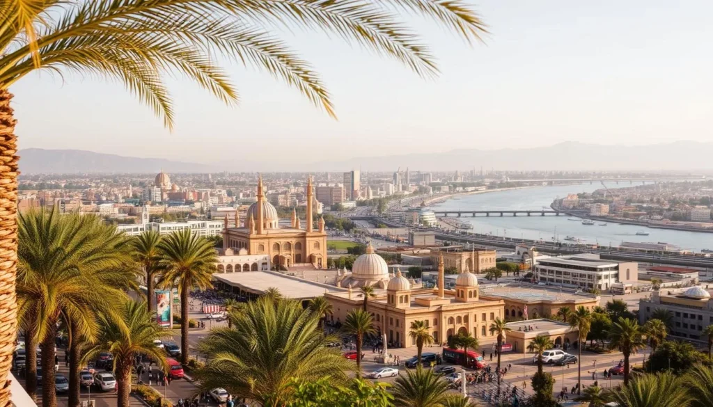 A vibrant cityscape of Ahvaz, Iran, captured on a sunlit day. In the foreground, lush palm trees and bustling streets teeming with local life. The middle ground reveals the city's architectural charm, with ornate buildings and domes reflecting the region's Persian heritage. In the distance, the mighty Karun River winds its way through the urban landscape, its banks dotted with boats and waterfront promenades. The scene is bathed in warm, golden light, creating a serene and inviting atmosphere that beckons the viewer to explore the wonders of this southwestern Iranian gem.