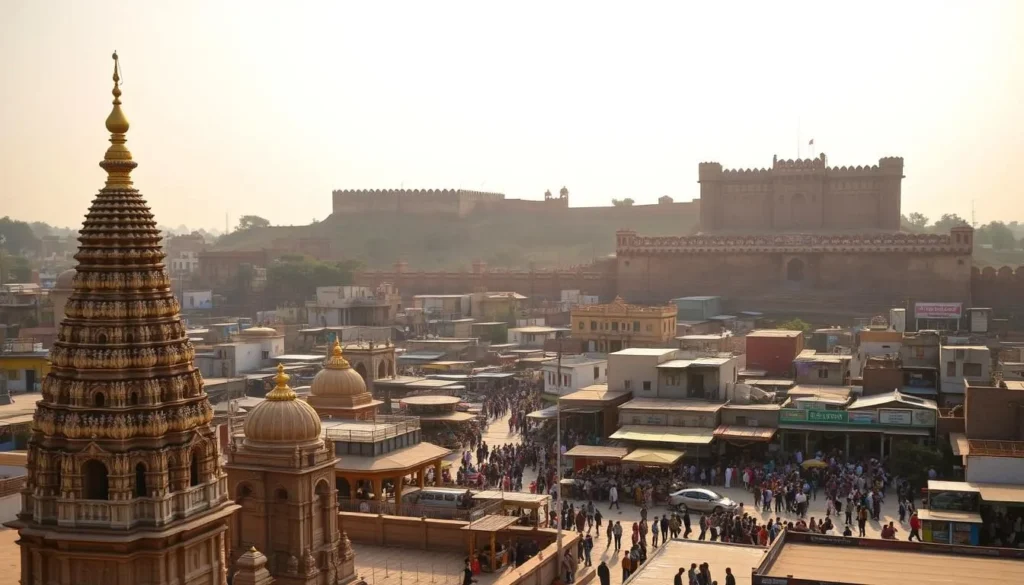 A vibrant cityscape of Akola, Maharashtra, with its iconic landmarks and bustling streets. In the foreground, a grand temple with intricate carvings and a towering spire stands proudly, its golden domes gleaming in the warm afternoon sun. In the middle ground, a lively market scene unfolds, with colorful stalls, vendors, and a crowd of locals and visitors mingling. In the background, a majestic fort perches atop a hill, its weathered walls and turrets casting long shadows across the landscape. The scene is bathed in a soft, golden light, creating a serene and inviting atmosphere that captures the essence of Akola's hidden charm.