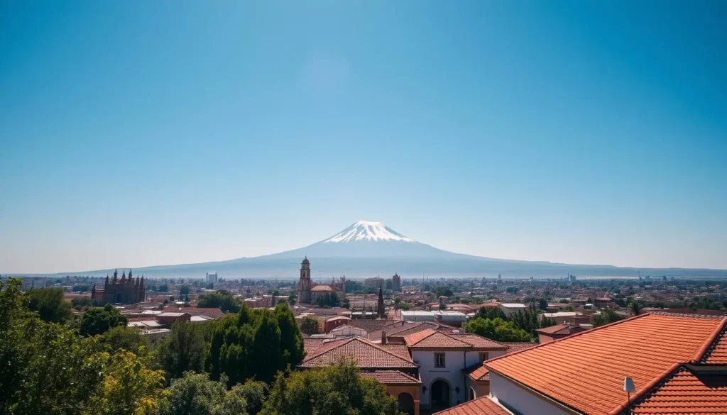 A vibrant cityscape of Arequipa, Peru on a sun-drenched day. In the foreground, lush gardens and quaint colonial buildings with terra-cotta roofs bask in the warm glow of the afternoon sun. The iconic silhouette of the Misti volcano rises majestically in the middle distance, its snow-capped peak piercing the brilliant azure sky. In the background, the historic city center with its towering cathedral and archways invites exploration. Capture the idyllic atmosphere and mild climate that makes Arequipa an ideal destination to visit year-round.
