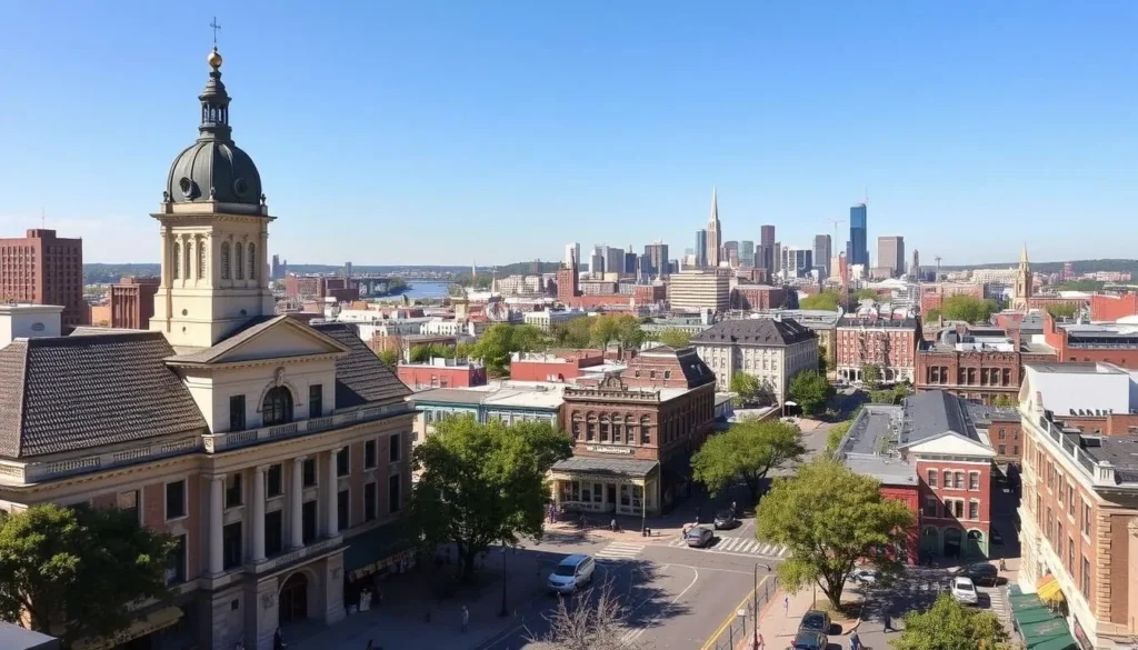 A vibrant cityscape of Binghamton, the "Parlor City," on a sun-dappled day. In the foreground, the iconic Broome County Courthouse stands tall, its neoclassical architecture aglow with warm light. Surrounding it, the historic downtown district bustles with pedestrians and quaint shops, their facades adorned with intricate details. In the middle ground, the Susquehanna River winds through the heart of the city, its glistening waters reflecting the surrounding buildings. In the distance, the city's skyline is punctuated by the striking silhouettes of skyscrapers and church steeples, creating a picturesque panorama. The scene exudes a sense of vibrant urban life and the city's rich cultural heritage. A vibrant cityscape of Binghamton, the "Parlor City," on a sun-dappled day. In the foreground, the iconic Broome County Courthouse stands tall, its neoclassical architecture aglow with warm light. Surrounding it, the historic downtown district bustles with pedestrians and quaint shops, their facades adorned with intricate details. In the middle ground, the Susquehanna River winds through the heart of the city, its glistening waters reflecting the surrounding buildings. In the distance, the city's skyline is punctuated by the striking silhouettes of skyscrapers and church steeples, creating a picturesque panorama. The scene exudes a sense of vibrant urban life and the city's rich cultural heritage.