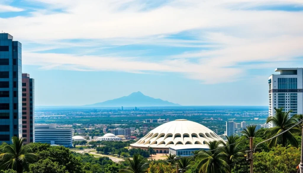 A vibrant cityscape of Brasilia on a clear, sunny day. In the foreground, towering, modernist government buildings with sleek, geometric facades glisten in the warm light. The middle ground reveals the iconic Planalto Palace, its curved, white concrete structure mirroring the fluidity of the sky. In the background, the sprawling city stretches out, punctuated by the striking silhouettes of Niemeyer's architectural masterpieces. The scene exudes a sense of openness and modernity, with a gentle breeze rustling the lush, tropical foliage. Capture the energy and optimism of Brasilia, a city built as a bold vision for the future.