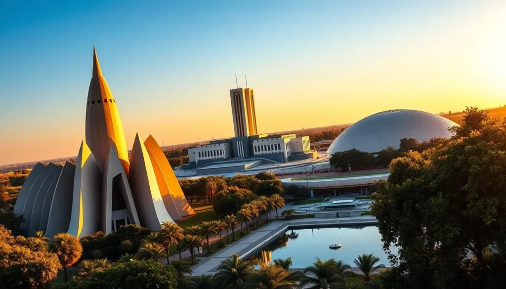 A vibrant cityscape of Brasilia's iconic modernist architecture bathed in warm, golden afternoon light. In the foreground, the striking silhouette of the Cathedral of Brasilia, its hyperbolic paraboloid concrete shells reaching skyward. In the middle ground, the clean geometric forms of the National Congress, its twin towers and curved edifice reflected in a serene pool. Beyond, the sweeping curves of the Palácio da Alvorada, the official residence of the President of Brazil, framed by lush, verdant foliage. The scene exudes a sense of elegance, minimalism, and harmonious integration with the natural landscape, capturing the architectural grandeur that defines this modernist capital city.