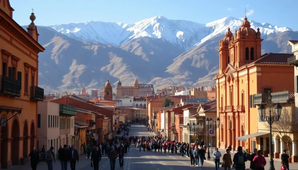 A vibrant cityscape of Cajamarca, Peru, nestled in the majestic Andes mountains. The historic colonial architecture, with its ornate churches and quaint plazas, is bathed in warm, golden sunlight. In the foreground, locals and tourists stroll along the cobblestone streets, bustling with life and activity. The middle ground features a mix of traditional adobe buildings and modern structures, creating a harmonious blend of old and new. In the distance, the rugged, snow-capped peaks of the Andes rise majestically, framing the scene with a sense of grand, natural wonder. The overall atmosphere is one of tranquility, charm, and the rich cultural heritage of this hidden Andean gem.