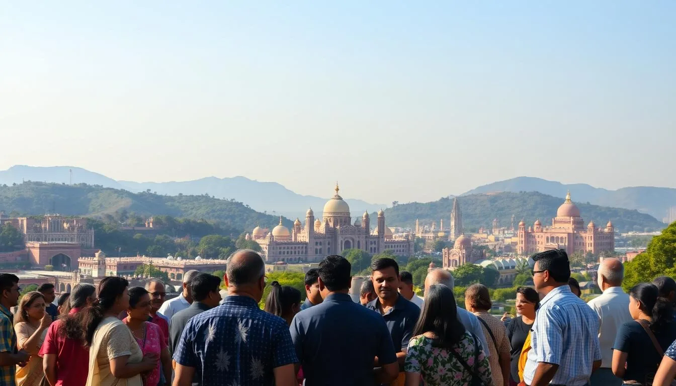 A vibrant cityscape of Chandigarh, India, bathed in warm afternoon light. In the foreground, a group of people from diverse cultural backgrounds engage in lively conversation, their gestures and expressions reflecting the richness of linguistic diversity. The middle ground features iconic architectural landmarks, blending modern and traditional styles. In the background, lush green hills and a clear blue sky create a serene, inviting atmosphere. The scene captures the harmonious coexistence of multiple languages and ethnicities that define the vibrant culture of Chandigarh.