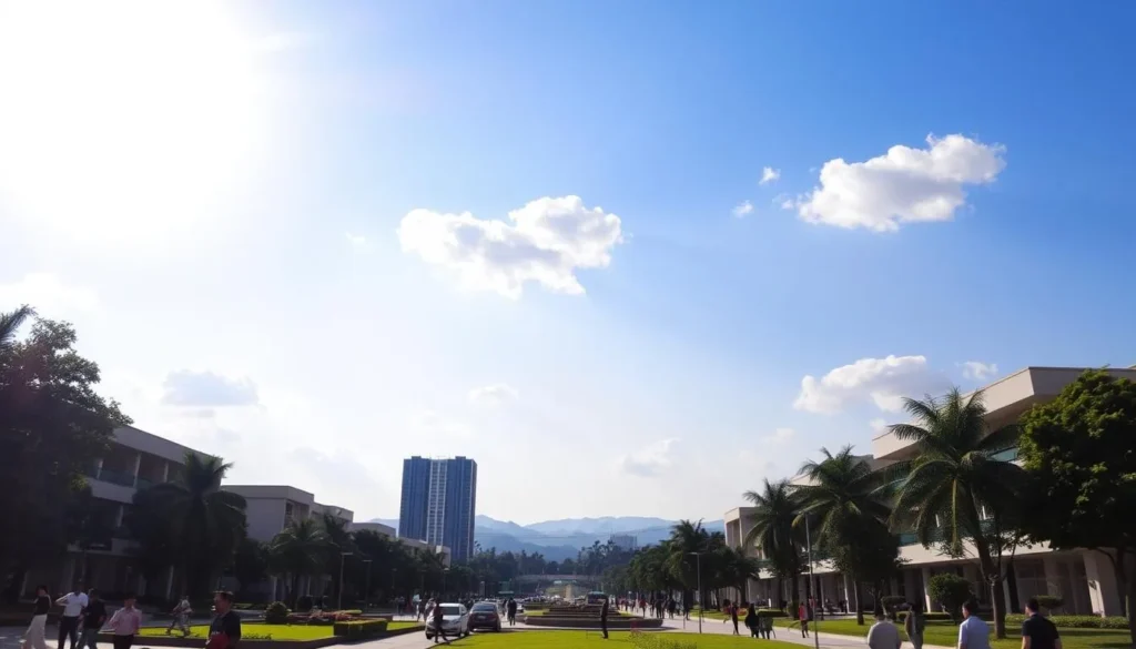 A vibrant cityscape of Chandigarh on a pleasant day, with a clear blue sky dotted with fluffy white clouds. The sun's warm rays illuminate the modern, well-planned architecture, casting long shadows across the neatly arranged streets and lush greenery. In the foreground, people stroll leisurely, enjoying the temperate weather and the city's serene atmosphere. In the middle ground, towering glass-and-steel high-rises stand tall, reflecting the sky's hues. The background features the distant Shivalik Hills, providing a picturesque backdrop to the bustling city below.