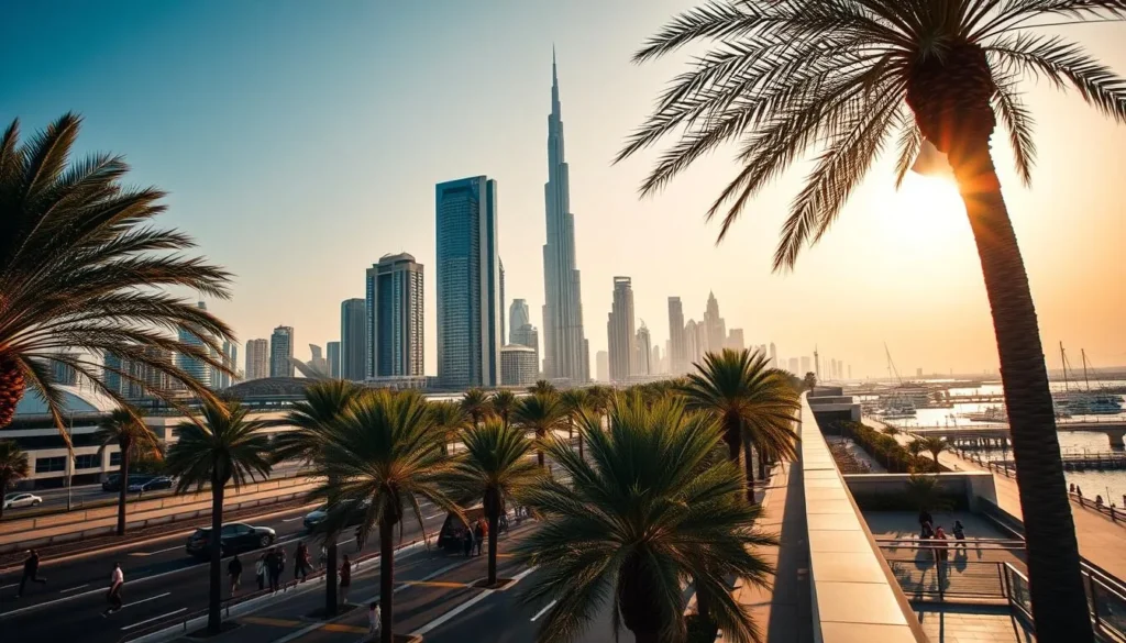 A vibrant cityscape of Dubai under a warm, azure sky, with towering skyscrapers reflecting the sun's rays. In the foreground, palm trees sway gently, casting dappled shadows on the bustling streets below. The middle ground features a lively promenade, where people stroll, sip iced beverages, and take in the captivating views of the iconic Burj Khalifa, the world's tallest building, in the distance. The scene is bathed in a soft, golden light, creating a serene and inviting atmosphere, perfect for a weather-savvy visit to this modern, dynamic city.