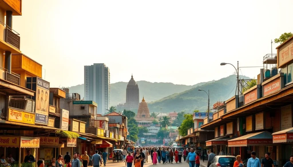 A vibrant cityscape of Ghaziabad, Uttar Pradesh, bathed in warm afternoon sunlight. In the foreground, a bustling street lined with colorful shops and eateries, people strolling and mingling. In the middle ground, towering modern skyscrapers and ancient temples stand in harmonious contrast. The background features the lush green hills of the Aravalli range, creating a picturesque backdrop. The scene conveys the city's blend of old and new, a welcoming atmosphere inviting visitors to explore its diverse offerings. Captured with a wide-angle lens to showcase the city's grandeur, the image exudes a sense of vibrancy and energy, perfectly encapsulating the essence of planning a visit to Ghaziabad.