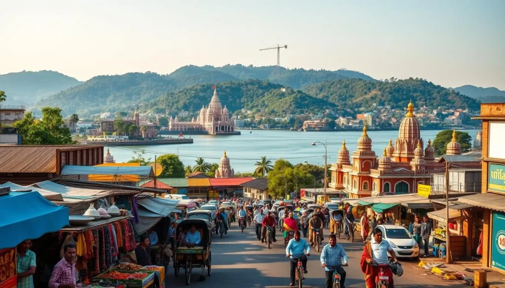 A vibrant cityscape of Guwahati, the bustling capital of Assam, India. In the foreground, a lively street scene with local vendors selling colorful textiles, spices, and fresh produce. Pedestrians and rickshaws navigate the busy thoroughfare, creating a lively, authentic atmosphere. In the middle ground, the mighty Brahmaputra River flows serenely, its banks dotted with temples and colonial-era buildings. In the background, the verdant Shillong hills rise majestically, creating a stunning natural backdrop. The scene is bathed in warm, golden sunlight, capturing the city's vibrant energy and picturesque charm. Capture this visually stunning and immersive travel guide for Guwahati, conveying the city's rich culture, history, and natural beauty.