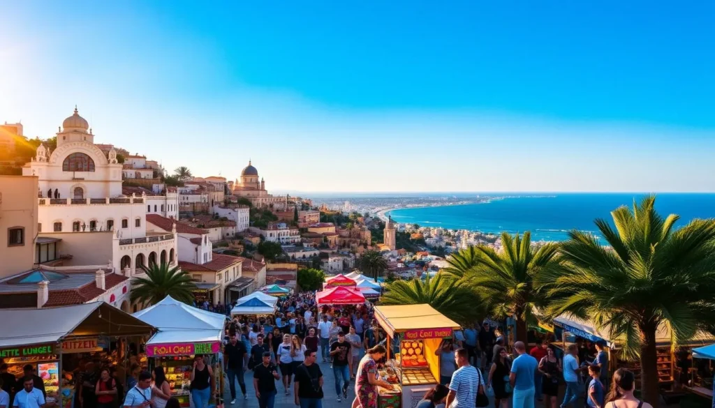 A vibrant cityscape of Haifa, Israel, illuminated by the warm glow of the sun. In the foreground, a bustling street festival comes alive, with colorful market stalls, lively music, and locals engaged in joyful celebrations. The middle ground features iconic landmarks, such as the Baha'i Terraces, cascading down the hillside. In the background, the glistening blue waters of the Mediterranean Sea and the distant horizon create a serene and picturesque backdrop. The scene captures the energy, culture, and natural beauty that make Haifa's festivals a must-see experience for visitors throughout the year.