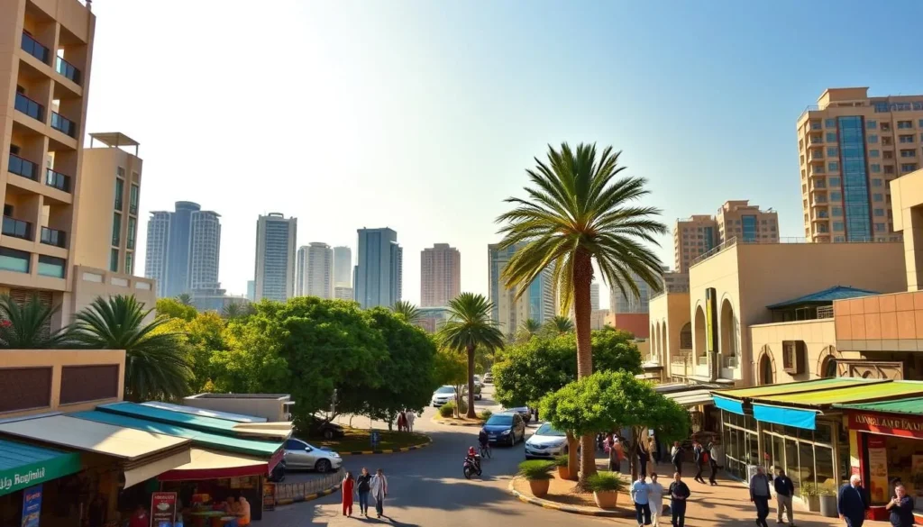 A vibrant cityscape of Hawally, Kuwait, bathed in warm sunlight. In the foreground, bustling streets lined with colorful shops, cafes, and pedestrians going about their day. The middle ground features lush greenery and towering palm trees, casting gentle shadows. In the background, a mix of modern high-rises and traditional Kuwaiti architecture, creating a harmonious blend of old and new. The scene conveys a sense of energy, community, and a pleasant, inviting atmosphere, perfect for exploring the city's offerings. Capture this scene with a wide-angle lens, showcasing the depth and scale of the urban landscape.