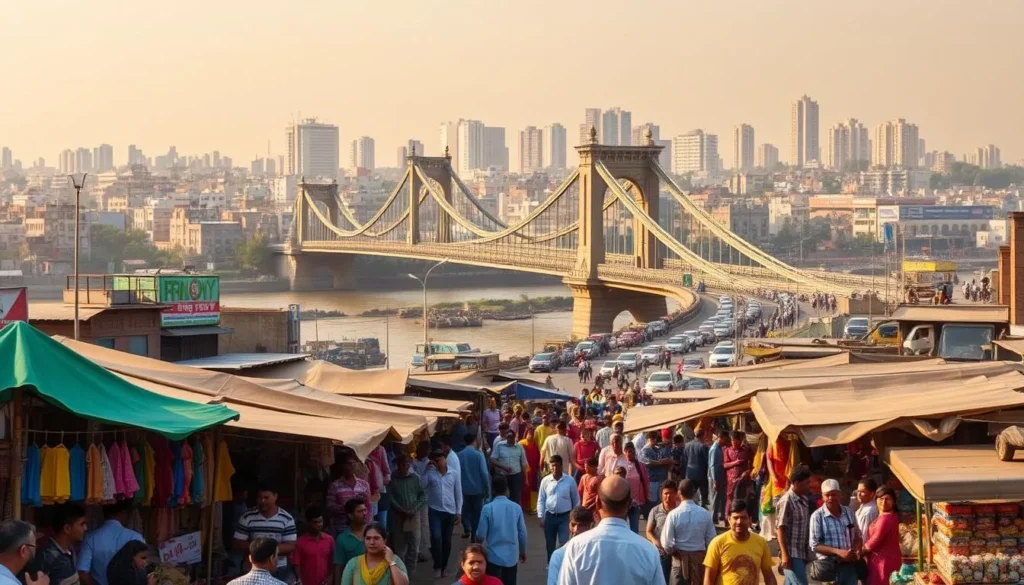 A vibrant cityscape of Howrah, West Bengal, on a sunny day. In the foreground, a bustling market scene with colorful stalls, vendors, and locals haggling and exchanging goods. In the middle ground, the iconic Howrah Bridge spanning the Hooghly River, its grand architecture and busy traffic creating a sense of energy. In the background, the skyline of Howrah is visible, with a mix of historic buildings and modern high-rises, all bathed in warm, golden light. The atmosphere is lively, with a blend of cultural traditions and urban modernity.