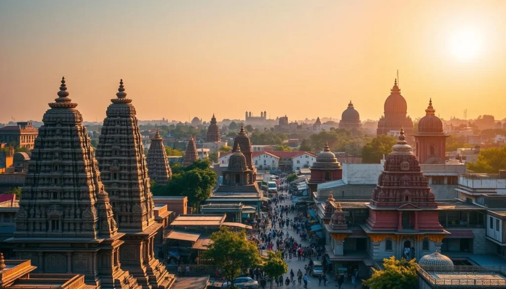 A vibrant cityscape of Hubli-Dharwad, Karnataka, showcasing its rich cultural heritage. In the foreground, towering ancient temples and shrines stand majestic, adorned with intricate carvings and vibrant colors. Moving towards the middle ground, bustling markets and lively street scenes capture the energy of the local community. In the background, the skyline is dotted with impressive historical monuments, their domes and spires reaching towards the clear, sun-dappled sky. Warm, golden lighting bathes the scene, creating a serene and inviting atmosphere. The overall composition conveys the vibrant blend of tradition and modernity that defines the cultural essence of Hubli-Dharwad.