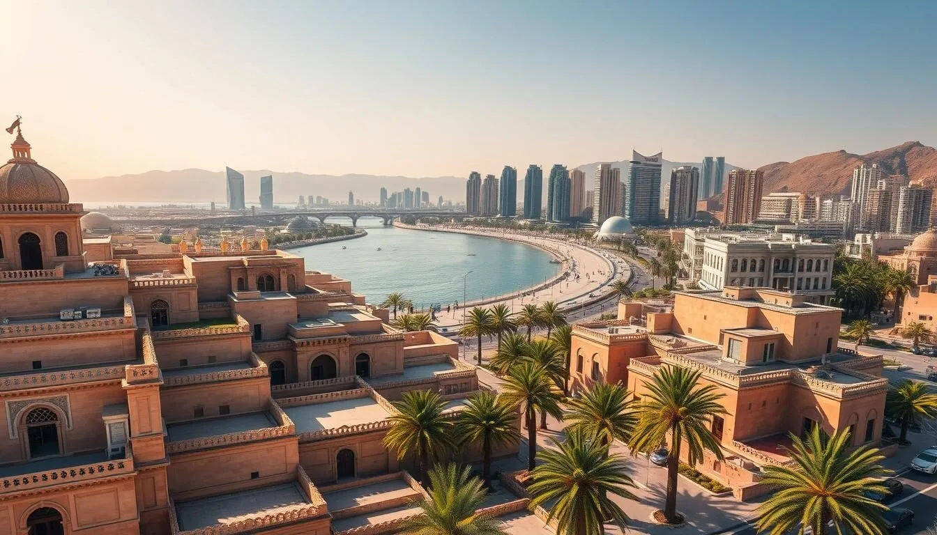 A vibrant cityscape of Jiddah, Saudi Arabia, bathed in warm sunlight. In the foreground, the iconic Al-Balad historic district with its charming coral-stone buildings and intricate architectural details. In the middle ground, the stunning Red Sea coastline with its promenade and lush palm trees. In the background, the modern skyscrapers of the city's bustling commercial center. Capture the contrast between the old and new, the traditional and the contemporary, with a cinematic wide-angle lens. Convey the energy, liveliness, and cosmopolitan atmosphere of this thriving coastal city.