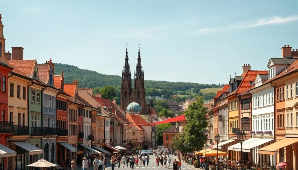 A vibrant cityscape of Jihlava, Czechia, on a sunny day. In the foreground, a bustling street lined with charming, historic buildings, people strolling and enjoying outdoor cafes. The middle ground features the iconic Gothic-style St. Ignatius Church, its spires reaching skyward. In the background, rolling hills and lush greenery frame the scene, creating a picturesque and inviting atmosphere. The image is captured with a wide-angle lens, highlighting the scale and grandeur of the city. The lighting is warm and natural, casting a golden glow over the entire scene and conveying a sense of welcoming and exploration.