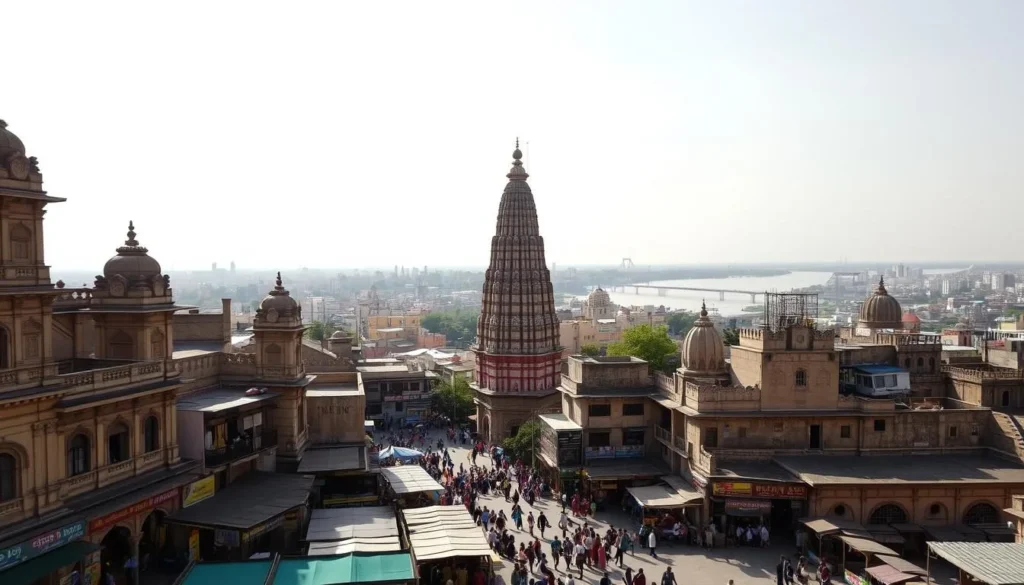 A vibrant cityscape of Kanpur, Uttar Pradesh, bathed in the warm glow of a sun-dappled afternoon. In the foreground, bustling street markets teeming with colorful wares and lively vendors. Towering colonial-era buildings, their ornate facades casting long shadows across the bustling thoroughfares. In the middle ground, a towering spire of an ancient temple, its intricate carvings glinting in the golden light. In the distance, the Ganges River winds its way through the city, its serene waters reflecting the dynamic skyline. A blend of history and modernity, capturing the vibrant essence of this thriving Indian metropolis.