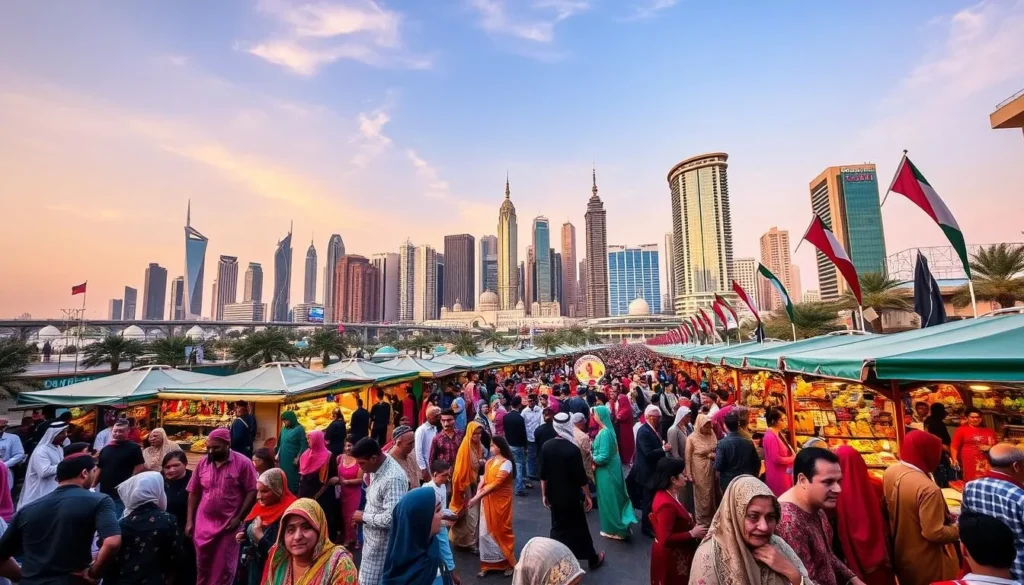 A vibrant cityscape of Kuwait City, showcasing its lively festival atmosphere. In the foreground, crowds of people sway and dance to the rhythmic beats of traditional music, their colorful traditional garments and ornaments creating a captivating visual tapestry. In the middle ground, bustling street vendors offer an array of local delicacies and handcrafted goods, their stalls adorned with festive banners and flags. The backdrop features the iconic skyline of Kuwait City, its modern skyscrapers and historic landmarks bathed in the warm, golden glow of the sun, creating a stunning contrast with the vibrant festival scene. The overall atmosphere is one of joy, celebration, and a deep appreciation for Kuwait's rich cultural heritage.