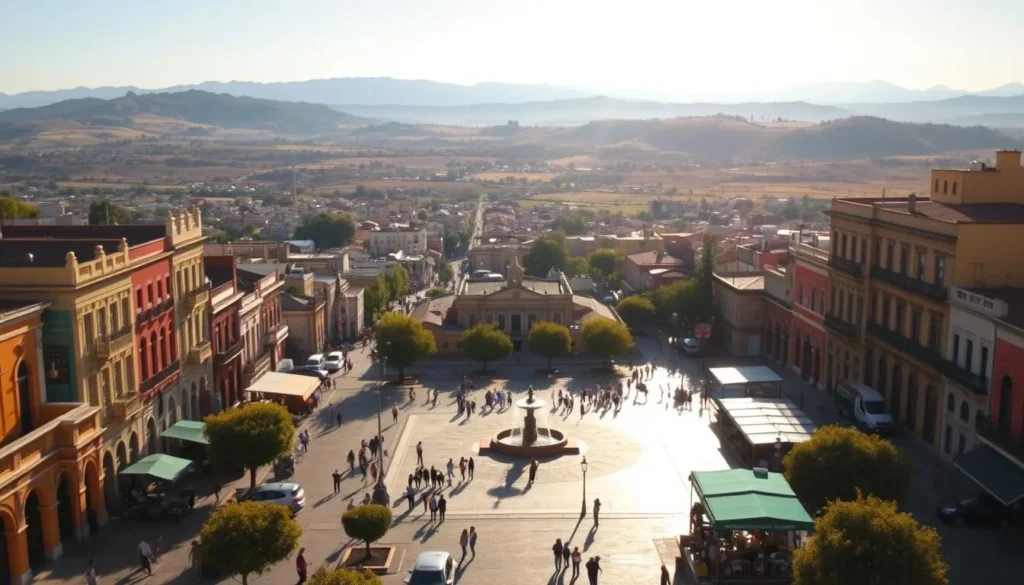 A vibrant cityscape of Las Piedras, Uruguay, bathed in warm, golden sunlight. In the foreground, bustling streets lined with colorful, colonial-style buildings, their ornate facades casting long shadows. Mid-ground, a sprawling town square with a central fountain, surrounded by lively cafes and local shops. In the background, the rolling hills of the Uruguayan countryside, dotted with verdant trees and distant, snow-capped peaks. The scene exudes a charming, laid-back atmosphere, inviting the viewer to explore the hidden gems of this picturesque Uruguayan town.