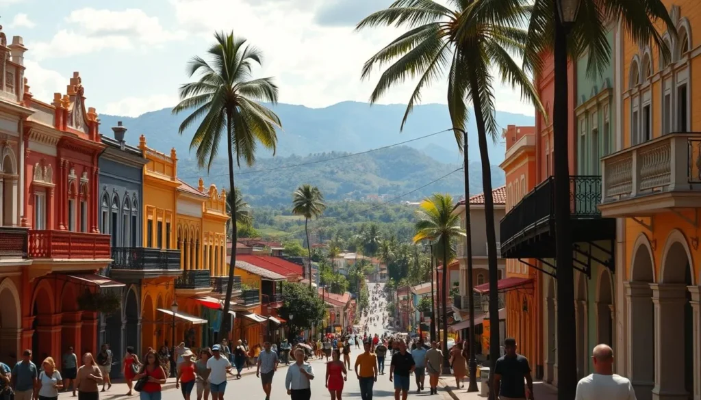 A vibrant cityscape of Matoury, French Guiana, on a sunny day. In the foreground, bustling streets lined with colorful colonial-style buildings, their facades adorned with intricate architectural details. People stroll leisurely, capturing the lively energy of the town. In the middle ground, towering palm trees sway gently, casting dappled shadows across the scene. The background reveals the lush, verdant landscape, with rolling hills and distant mountains framing the city. Warm, golden light bathes the entire composition, lending a sense of warmth and tranquility to the unique charm of Matoury.