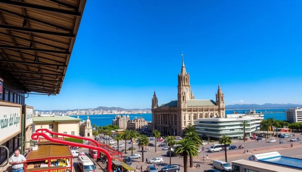 A vibrant cityscape of Montevideo, Uruguay's charming capital, on a sun-drenched day. The foreground features the bustling Mercado del Puerto, its historic iron architecture and lively open-air market stalls. In the middle ground, the iconic Palacio Salvo rises majestically, its art nouveau spires reaching towards the clear azure sky. Panoramic vistas of the Rambla, the city's scenic waterfront promenade, stretch out in the background, with the glistening Río de la Plata and the distant silhouettes of the Cerro hill in the distance. Capture the vibrant energy, rich heritage, and natural beauty that define Montevideo, a city brimming with South American character.