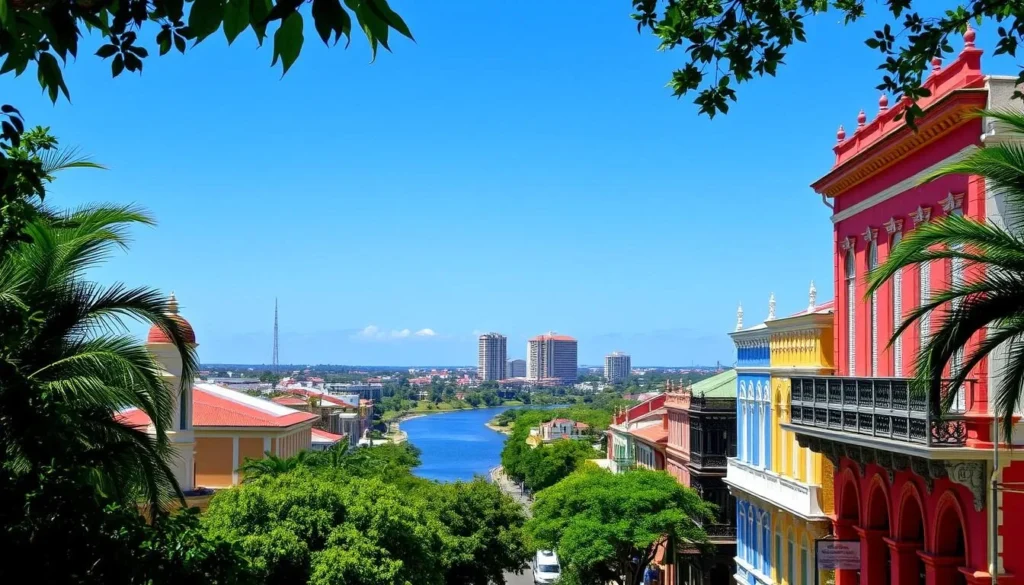 A vibrant cityscape of Nieuw Nickerie, Suriname, on a sunny day. In the foreground, colorful colonial-style buildings line the bustling streets, their facades adorned with intricate architectural details. A lush tropical foliage frames the scene, adding to the verdant atmosphere. In the middle ground, the winding Nickerie River flows gently, its waters reflecting the surrounding buildings and the clear, azure sky above. In the background, the skyline is dominated by a few distinctive high-rises, their modern designs contrasting with the historic charm of the older structures. The overall scene exudes a sense of tranquility and vibrancy, capturing the essence of this charming Surinamese city.